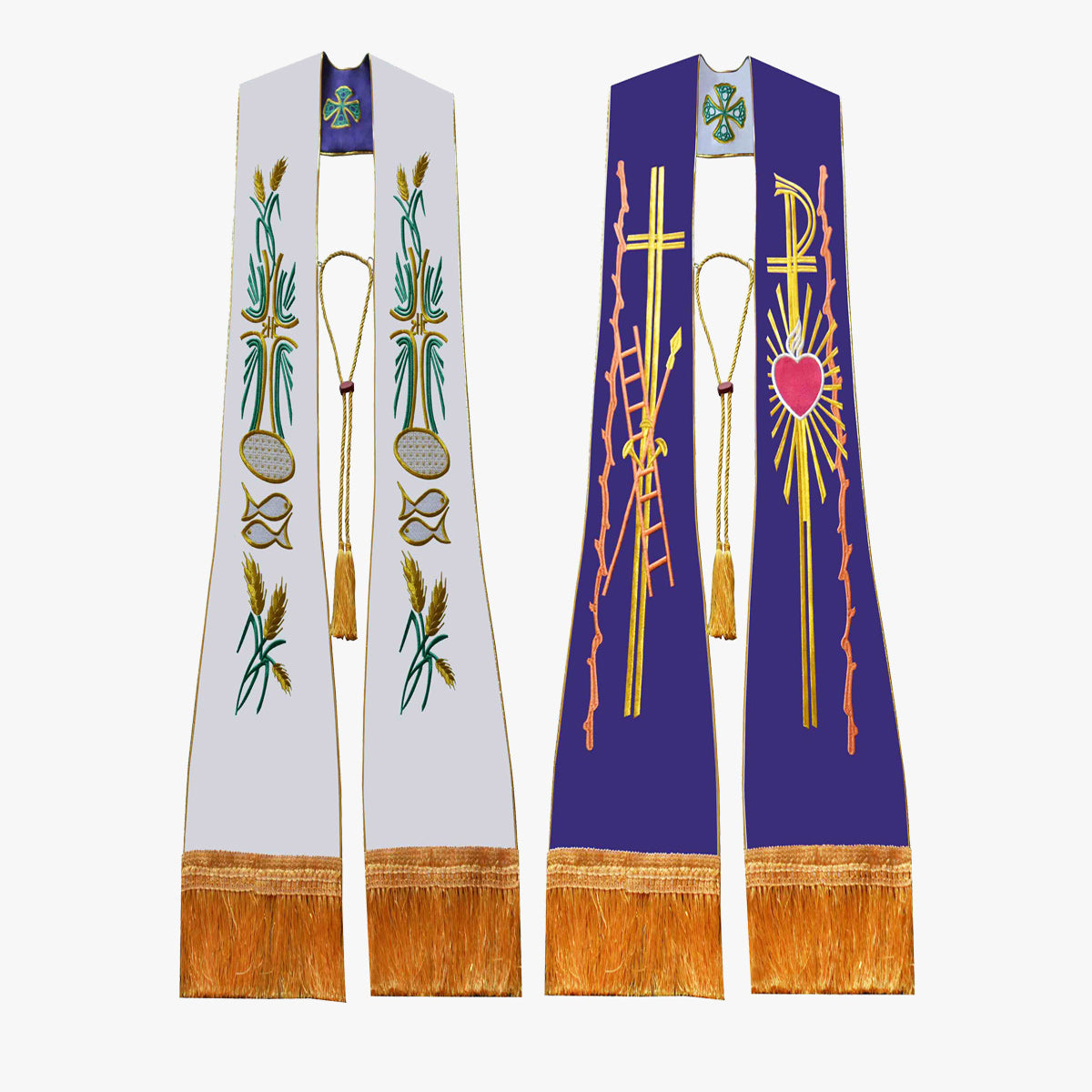 Catholic priest vestments, Mass, white and purple double-sided tie, holy belt, shawl, exquisite embroidery, elegant ceremony, sacredness and glory