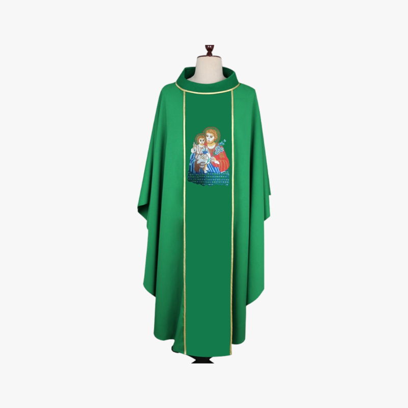 The Gothic green sacrificial garments are designed in the style of a traditional church, reflecting a solemn religious atmosphere