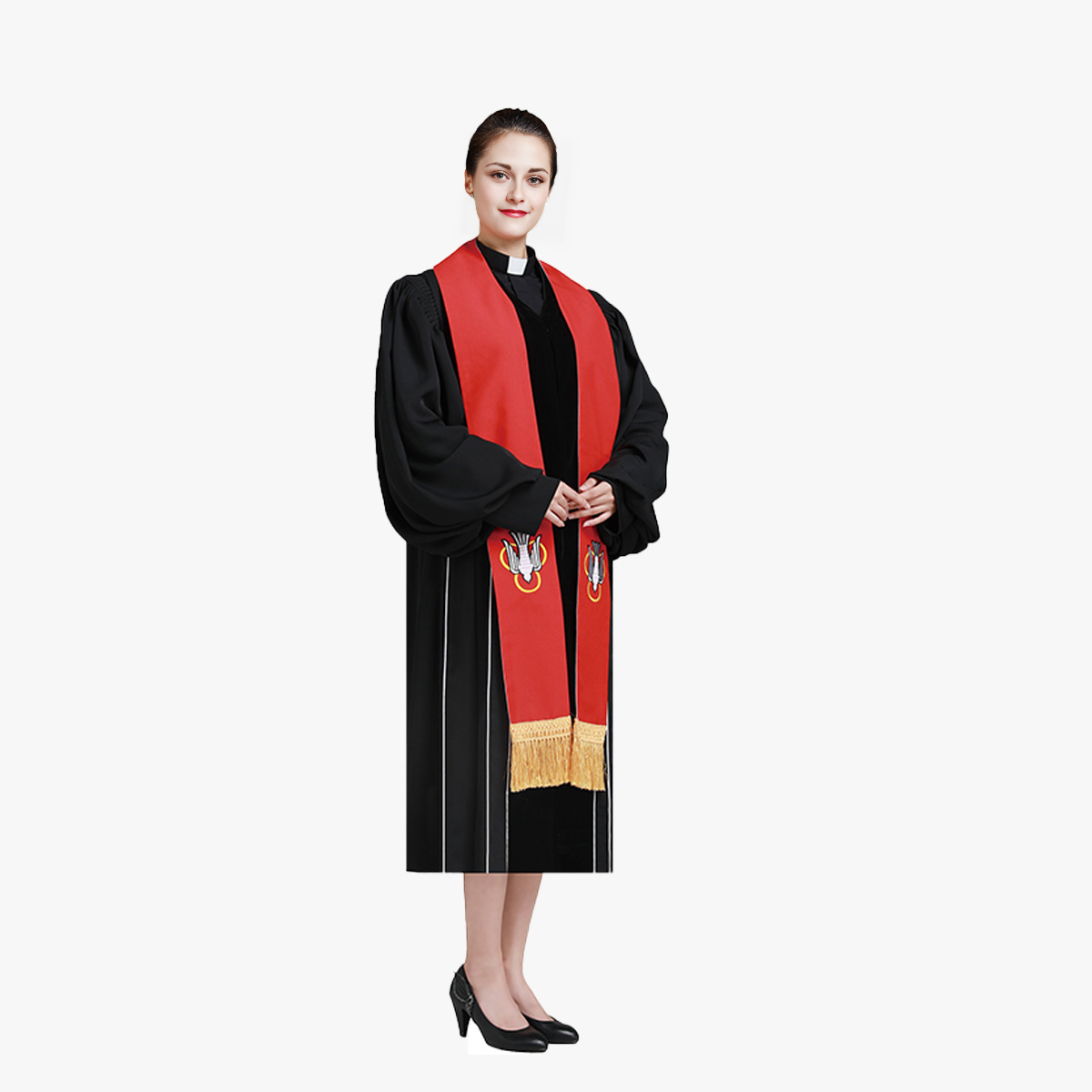 Priest clothing host clothing clergy religious peace dove embroidery black robe dress with red and white double-sided ribbon tie