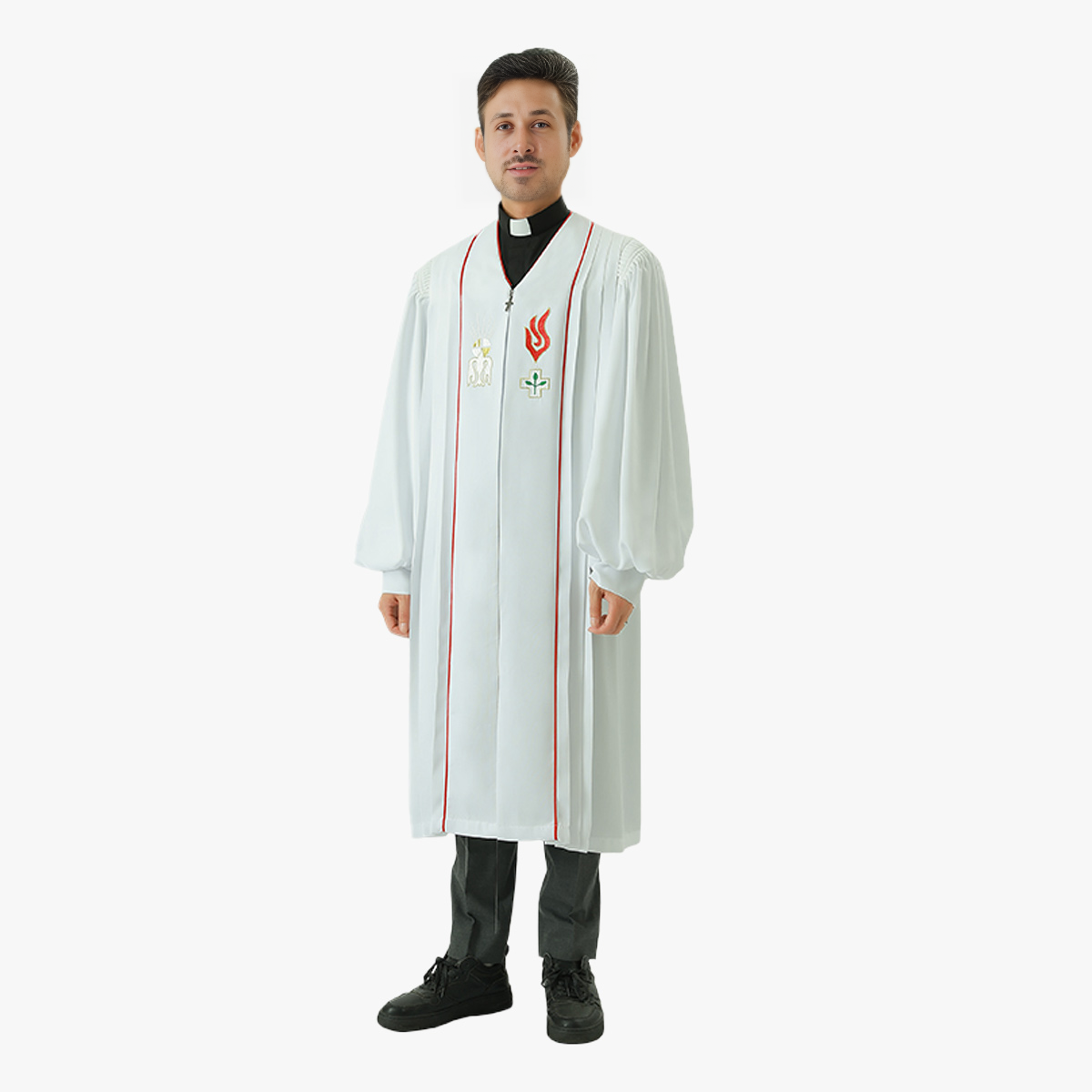 Priest's suit tie one-piece host clothing clergy religious holy fire cross embroidery white robe dress