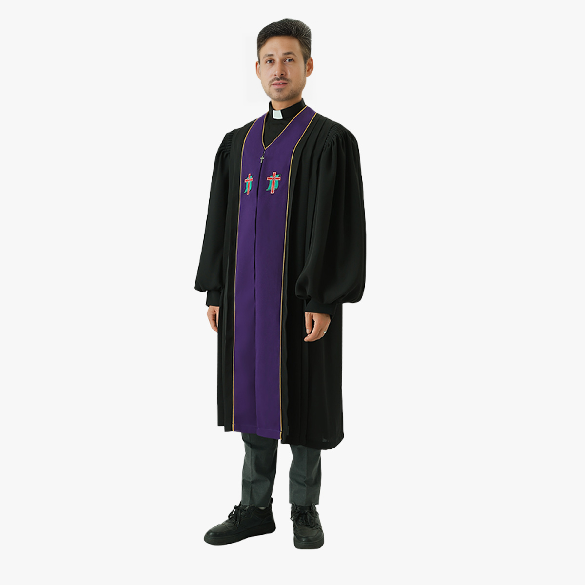Priest's suit tie one-piece host clothing clergy religious cross Bible embroidery black robe dress