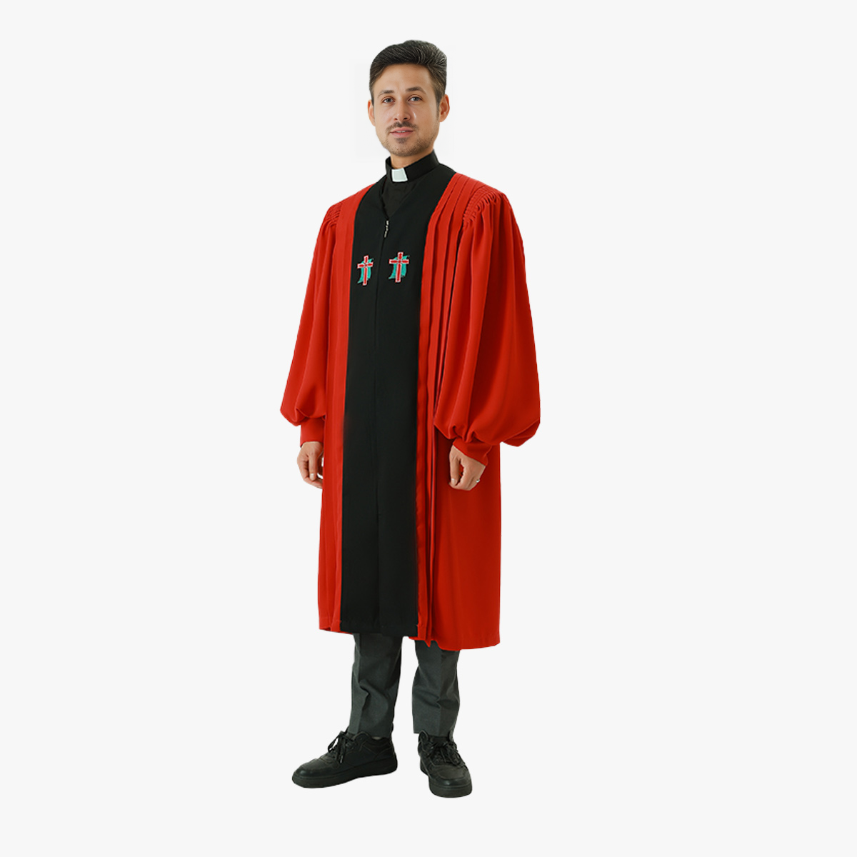 Pastor's suit tie one-piece host clothing clergy religious ceremony cross Bible embroidery red dress