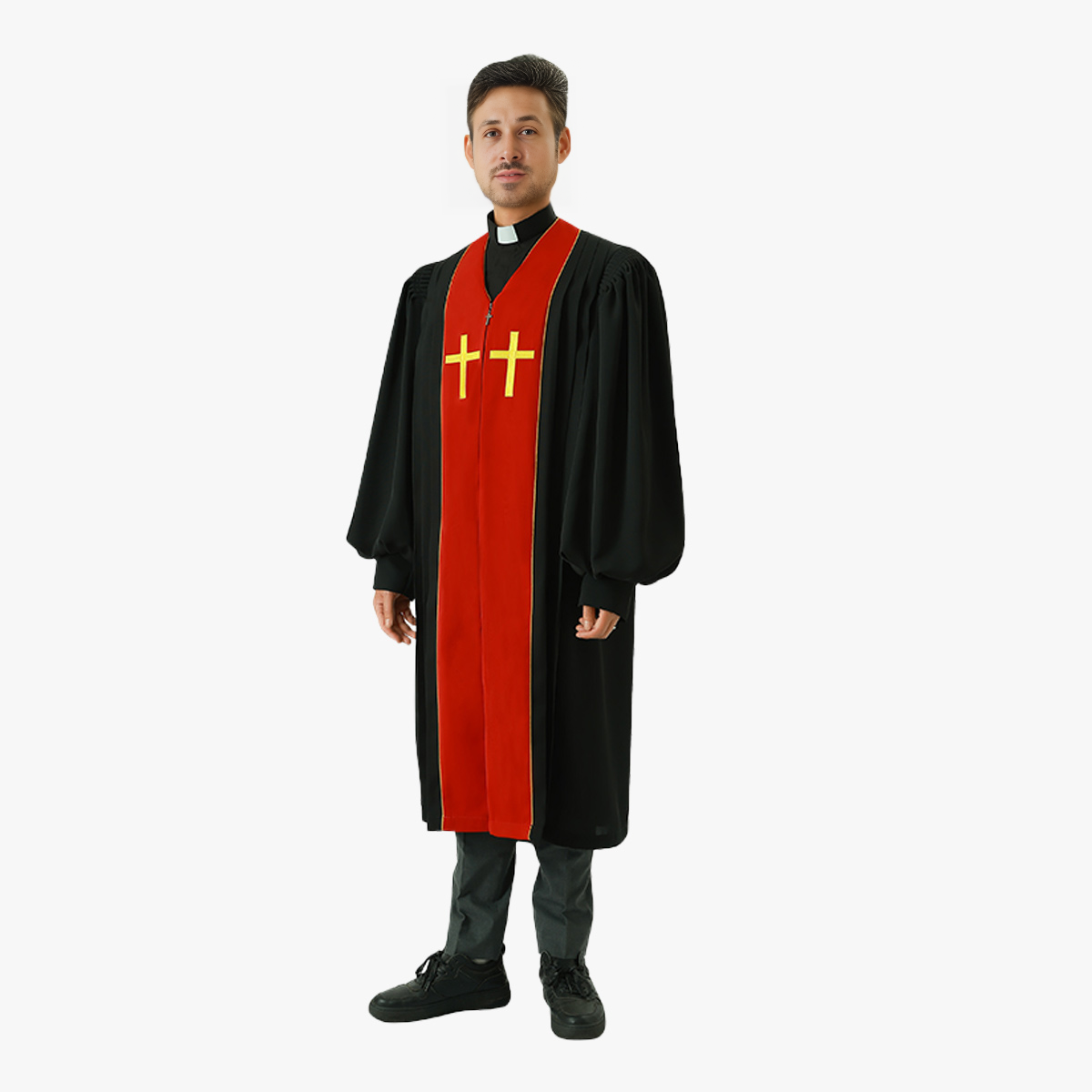 Priest's suit tie one-piece host clothing clergy religious ceremony cross embroidery black dress