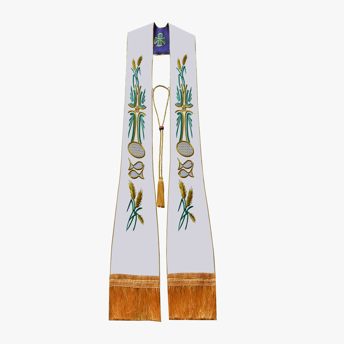 Catholic priest vestments, Mass, white and purple double-sided tie, holy belt, shawl, exquisite embroidery, elegant ceremony, sacredness and glory