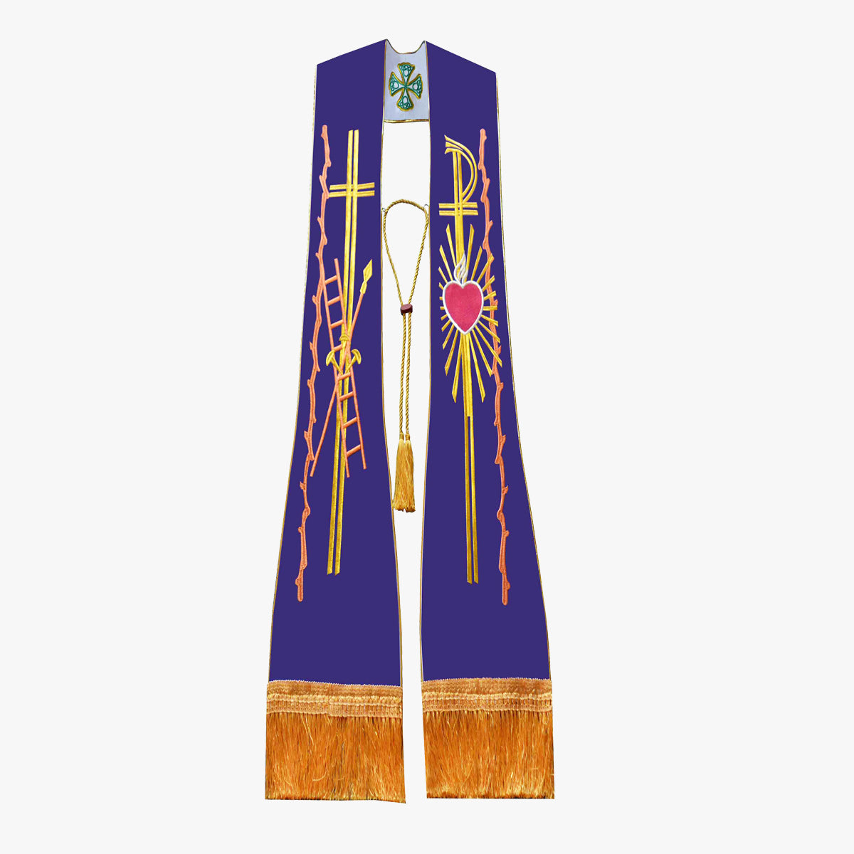 Catholic priest vestments, Mass, white and purple double-sided tie, holy belt, shawl, exquisite embroidery, elegant ceremony, sacredness and glory
