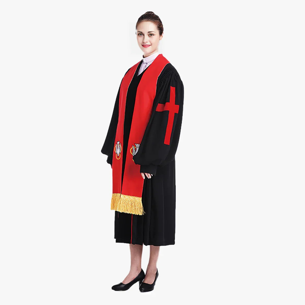 Priest clothing host clothing clergy religious embroidery black robe dress sleeves cross send red and white double-sided holy belt peace dove embroidered tie - EPHOD