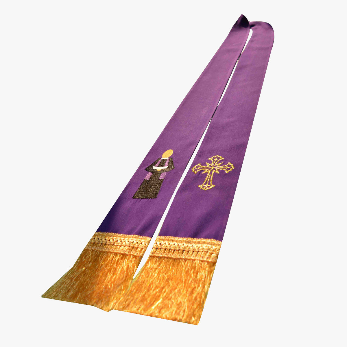 Roman Catholic priest praying confession ceremony priest purple tie beautifully embroidered