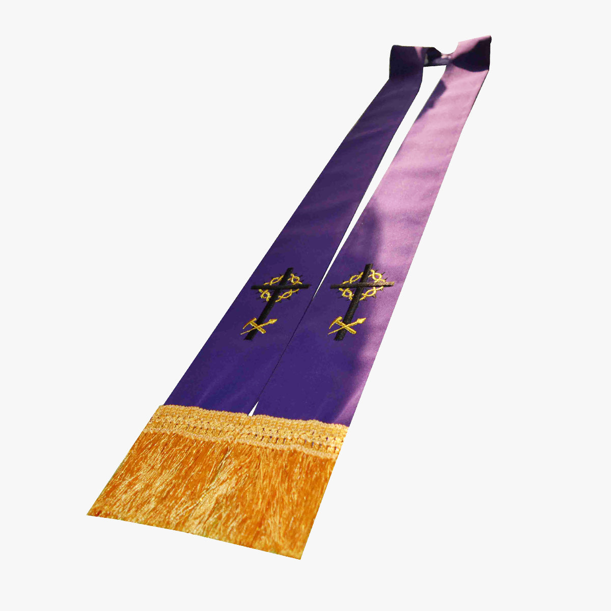 Roman Catholic priest praying confession ceremony called priest purple tie cross embroidery