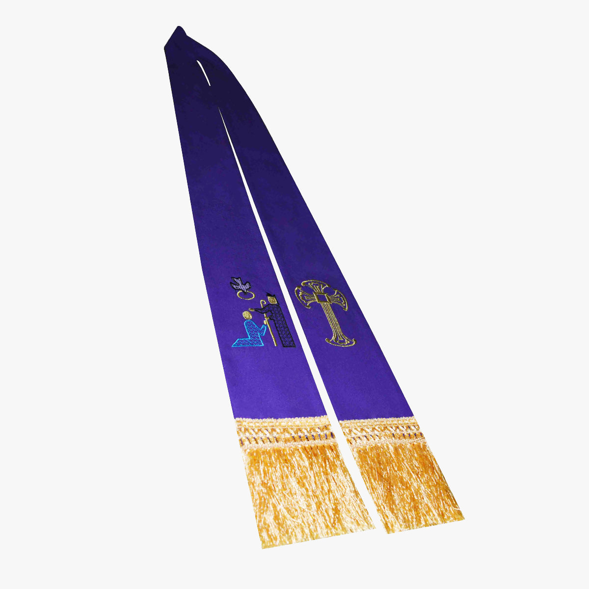 Roman Catholic priest praying confession called priest purple tie cross gold embroidery